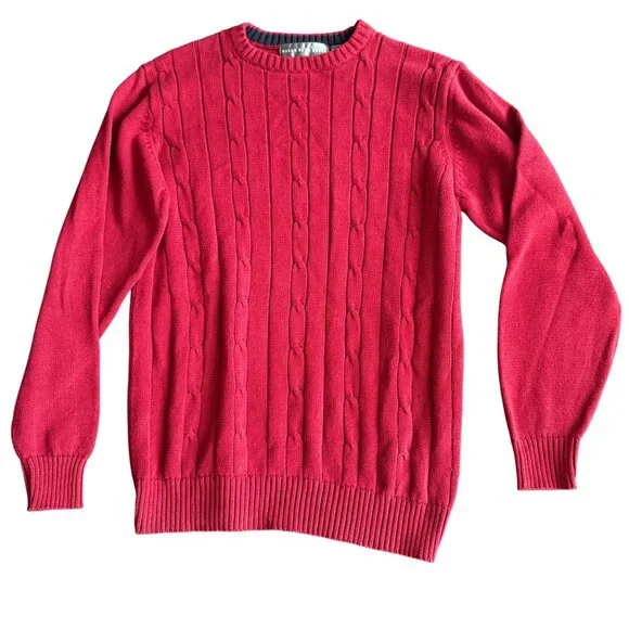 Oscar De La Renta Red Cable Knit Crewneck Sweater M 100% Cotton - Picture 1 of 4